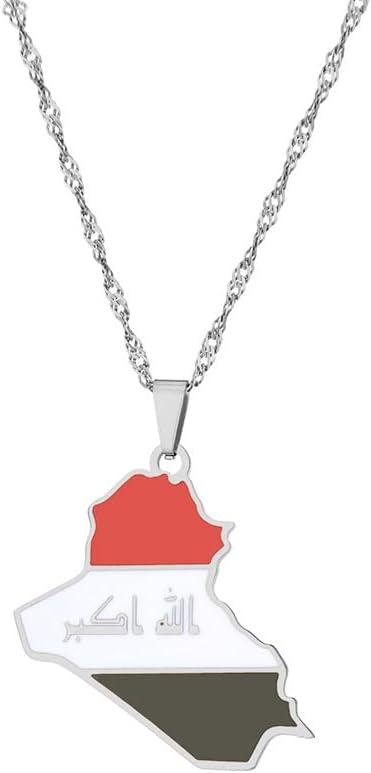 LUTAKU Collier avec pendentif carte et drapeau de l'Irak pour homme et femme - En acier inoxydable
