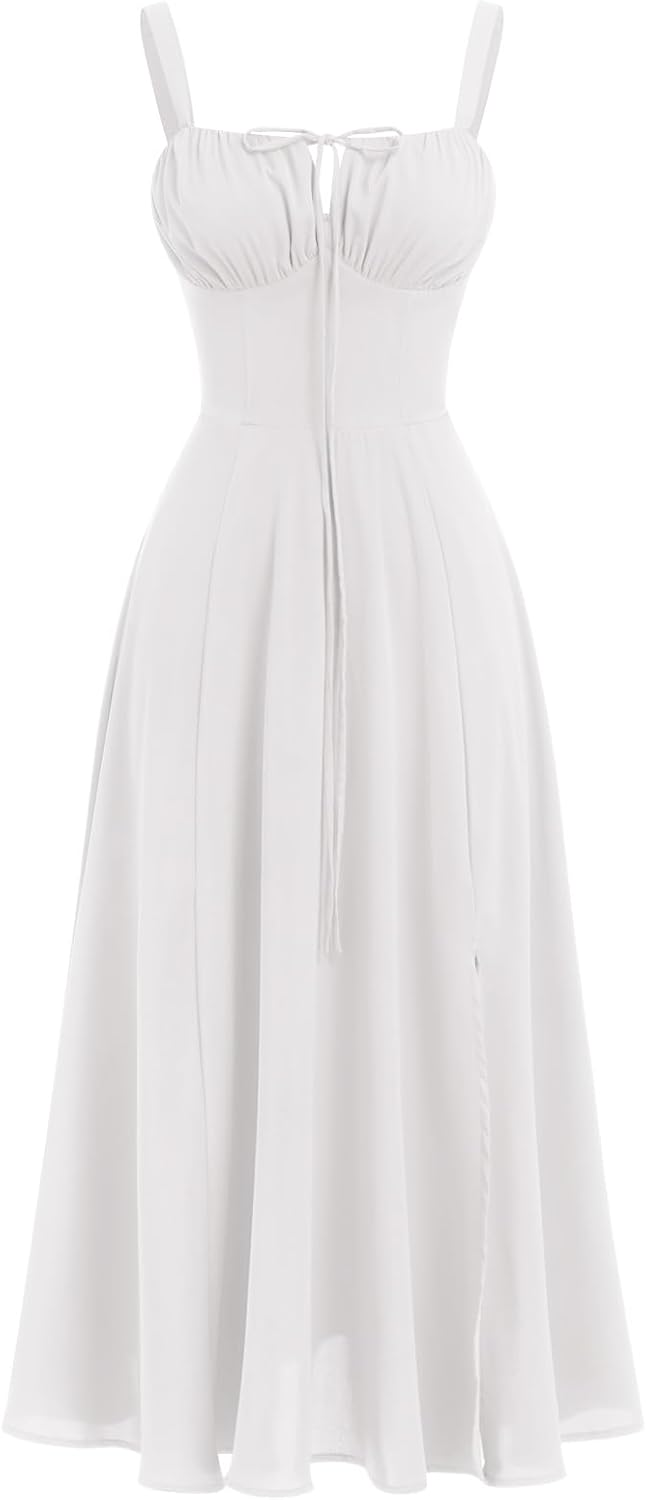 IBAKOM Femmes Robe d'été Spaghetti Bretelles Robe de Printemps Bohème Robe Avant Fourche Swing Midi Sun Jupe Fête Vacances Plage Robe