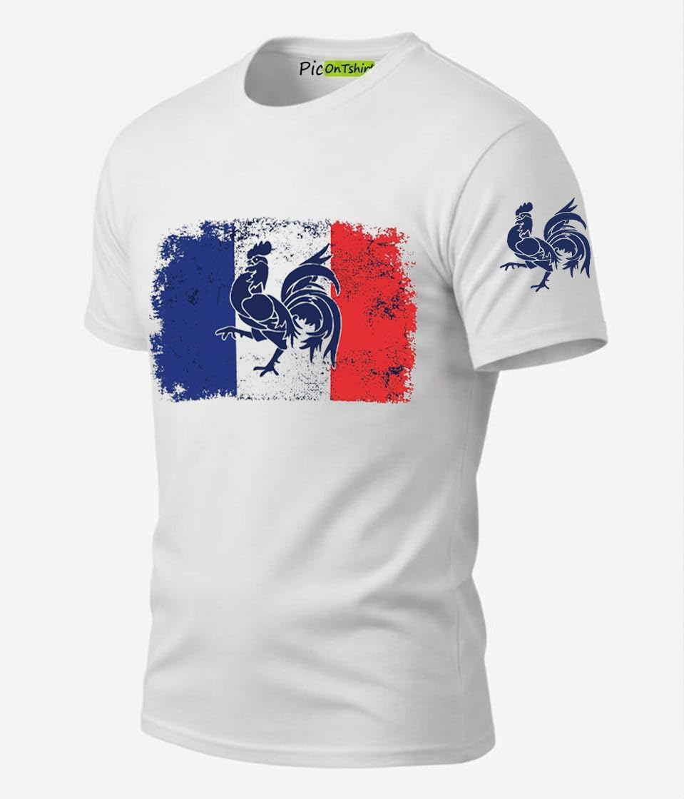 Tee Shirt Drapeau Français, T-Shirt Homme Drapeau Coq Gaulois Vintage, Maillot Supporter France Football Coupe du Monde 2026 - Image 4