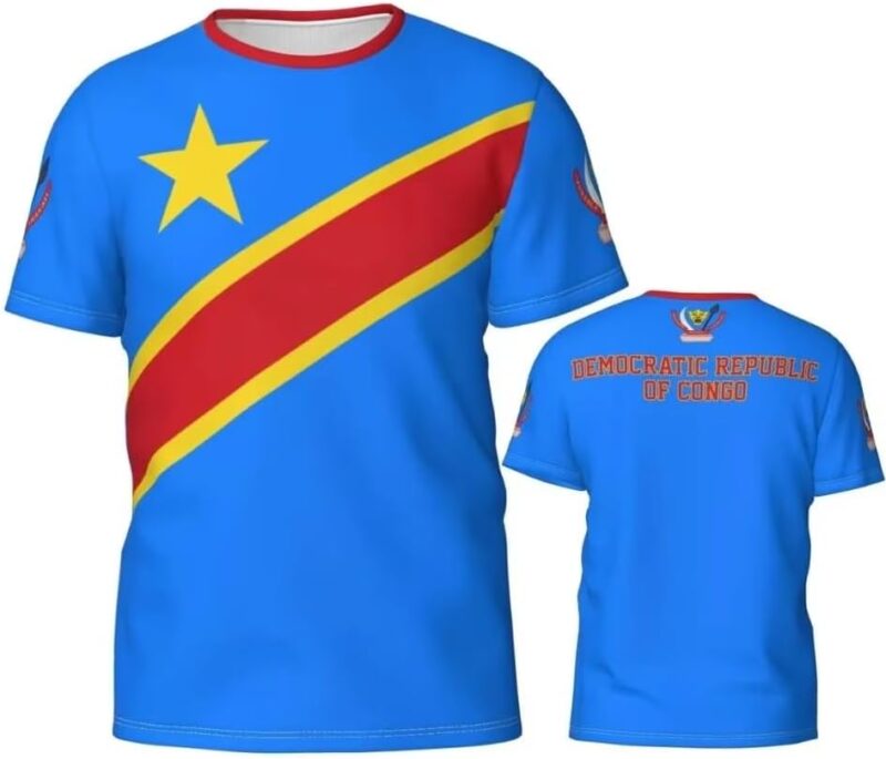 Tee Shirt Sport Homme Drapeau Congolais T-Shirt à Manches Courtes Armoiries du Congo Maillot de Foot Haut d’Entraînement Fitness Fan de Musique Mode Streetwear
