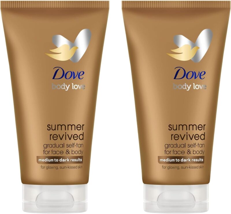Dove Lotion Autobronzante Visage & Corps Summer Revived, Pour Peaux Moyennes et Foncées, Bronzage Progressif, Finition Naturelle, Peau Lumineuse, 72H d'Hydratation, Avec Extrait d'Aloe Vera, 2x 75ml