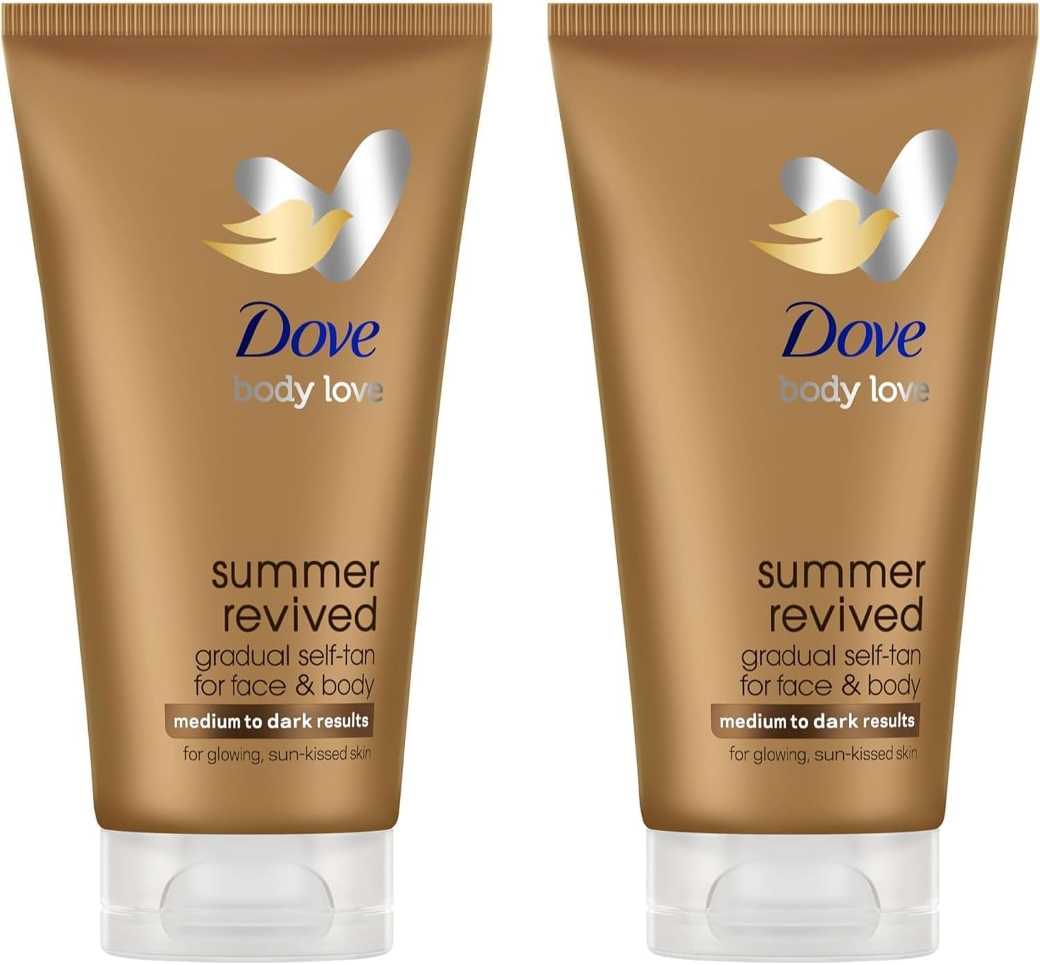 Dove Lotion Autobronzante Visage & Corps Summer Revived, Pour Peaux Moyennes et Foncées, Bronzage Progressif, Finition Naturelle, Peau Lumineuse, 72H d'Hydratation, Avec Extrait d'Aloe Vera, 2x 75ml