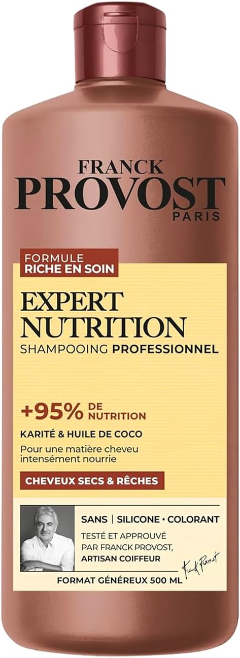 FRANCK PROVOST Expert Nutrition - Shampooing Professionnel - Formule Riche En Soin - Karité & Huile De Coco - Sans Silicone & Sans Colorant - Cheveux Secs & Rêches - Format Généreux 500 ml
