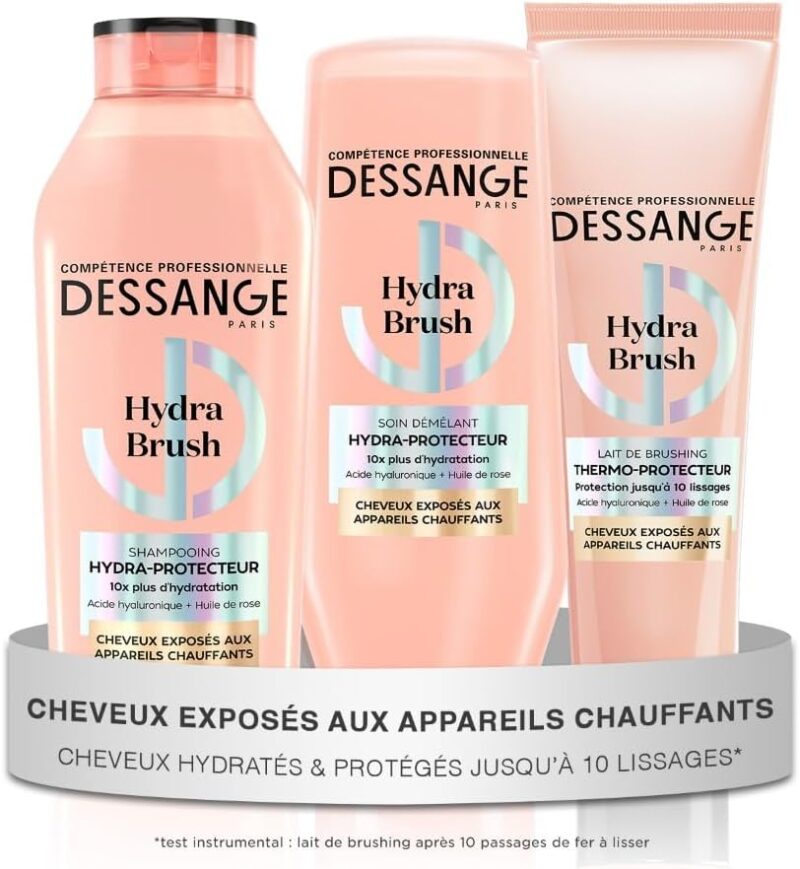 DESSANGE - Routine Cheveux Hydra-Protectrice Hydra Brush - Shampoing 280ml + Après-Shampoing 225ml + Lait Brushing 140ml - Hydrate & Protège La Fibre - Cheveux Exposés Aux Appareils Chauffants