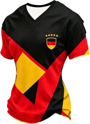 Maillot d'Allemagne 2026 pour femme - Avec col en V - Maillot de football - Grandes tailles - Rétro - T-shirt original pour fan du sport - T-shirt d'entraînement - T-shirt amusant - T-shirt stretch