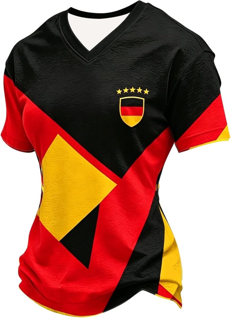 Maillot d'Allemagne 2026 pour femme - Avec col en V - Maillot de football - Grandes tailles - Rétro - T-shirt original pour fan du sport - T-shirt d'entraînement - T-shirt amusant - T-shirt stretch