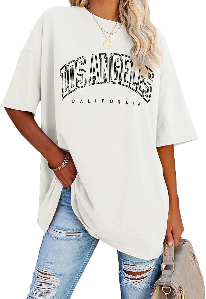 Ebifin T-shirt surdimensionné pour femme - Vintage - Manches courtes - Col rond - Los Angeles - Hauts décontractés et décontractés - Basique - T-shirt d'été