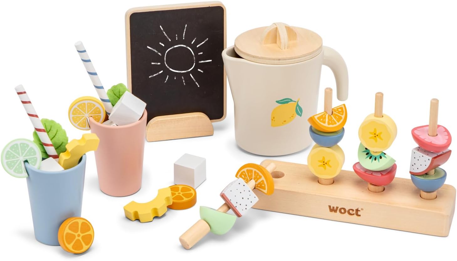 Woet® Set Summer Party Jouet en Bois pour Enfants - Stand de Limonade avec 37 Pièces - Set de Nourriture d’Imitation - Jouet de Cuisine d’Imitation - À Partir de 3 Ans