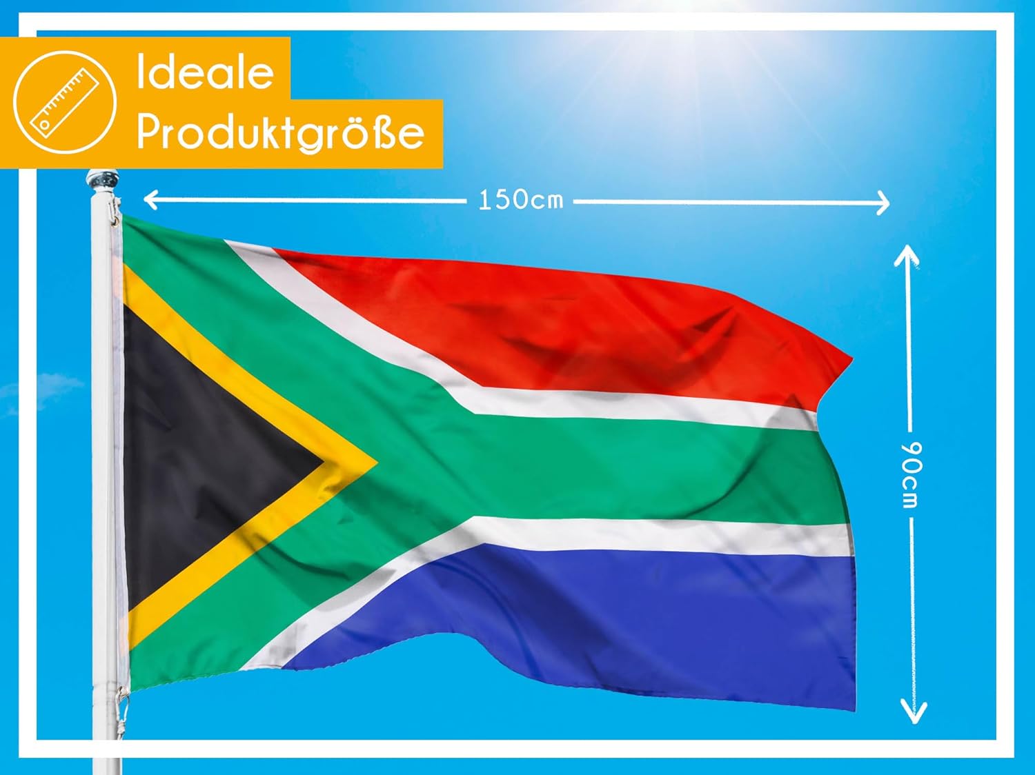 PHENO FLAGS Drapeau Afrique du Sud 90x150cm – sud-africain - résistant aux intempéries, avec œillets en laiton, 100% polyester, coutures doubles robustes et couleurs éclatantes - Image 4
