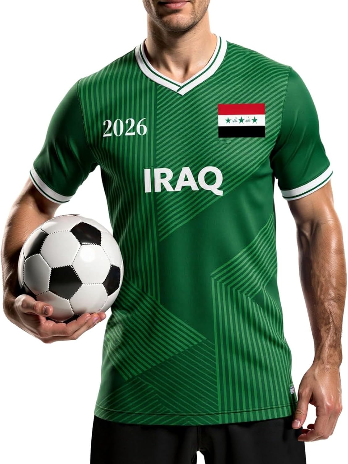 Maillot de Foot Irak 2026 Tee Shirt Homme Sport Imprimé Fine Rayures et Drapeau T-Shirts à Manches Courtes Homme Col V Tshirt Oversize Haut de Fan Respirant pour Supporter de Football Match, Quotidien
