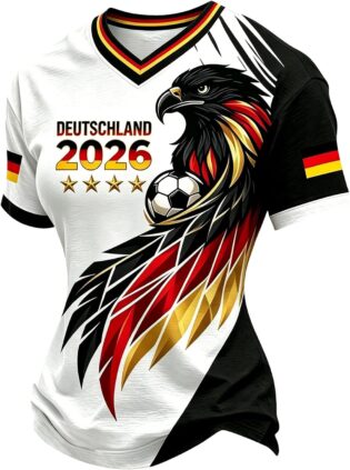 Maillot d'Allemagne 2026 pour femme - Avec col en V - Maillot de football - Grandes tailles - Rétro - T-shirt original pour fan du sport - T-shirt d'entraînement - T-shirt amusant - T-shirt stretch
