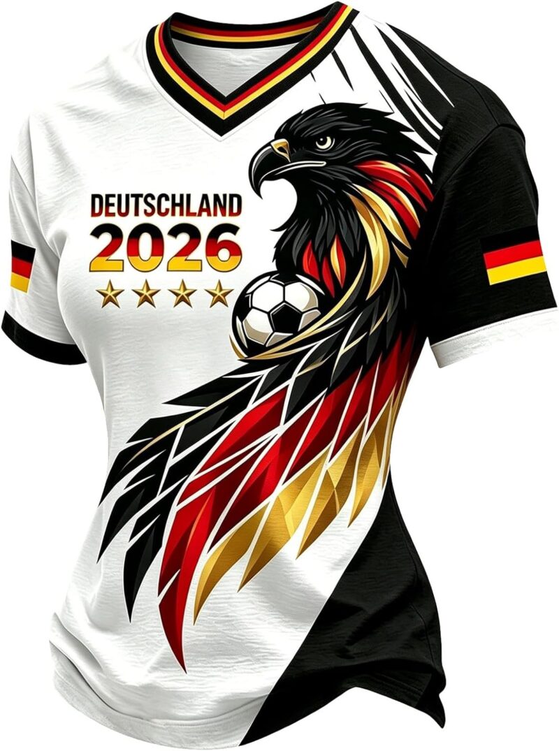 Maillot d'Allemagne 2026 pour femme - Avec col en V - Maillot de football - Grandes tailles - Rétro - T-shirt original pour fan du sport - T-shirt d'entraînement - T-shirt amusant - T-shirt stretch