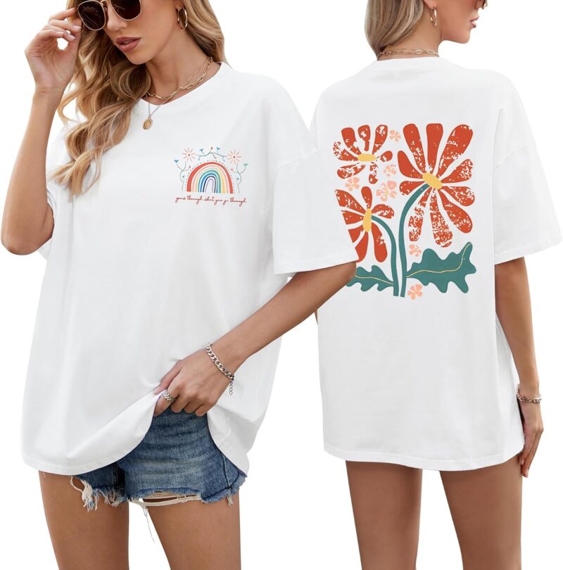 T Shirt Femme Oversize Très Large Teeshirt Col Rond Coton T Shirts à Manches Courtes Chic Imprimés Top Femme Grande Taille Haut Femme Ete