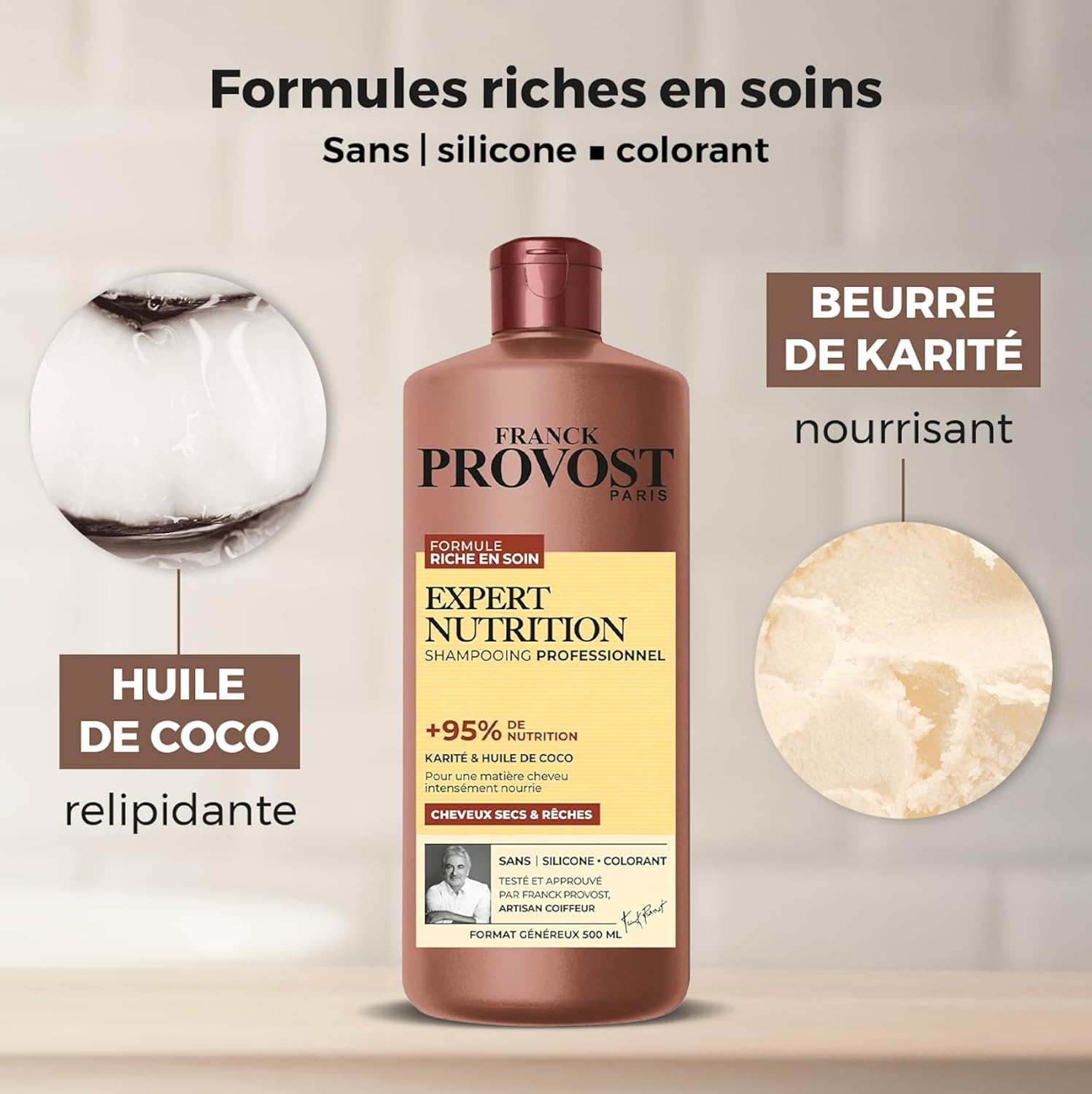 FRANCK PROVOST Expert Nutrition - Shampooing Professionnel - Formule Riche En Soin - Karité & Huile De Coco - Sans Silicone & Sans Colorant - Cheveux Secs & Rêches - Format Généreux 500 ml - Image 3