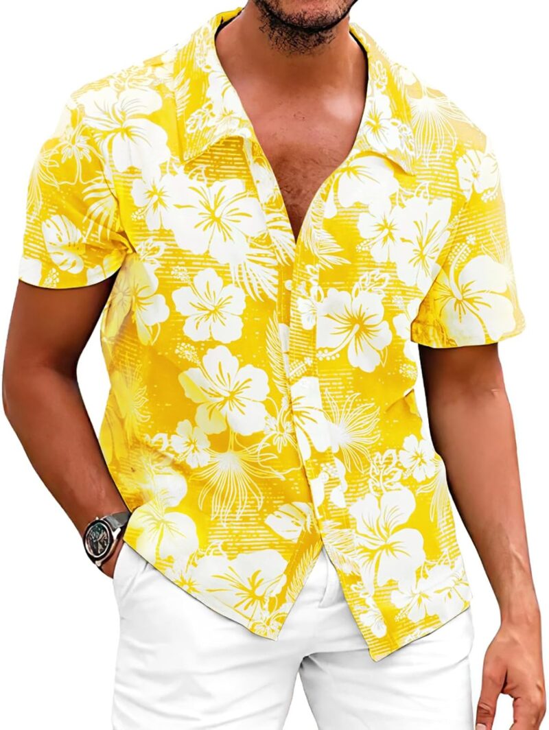 Fastkoala Hommes Chemise à Fleurs Hawaïennes Chemises Tropicales Plage Tops Holiday Summer Casual Button Down