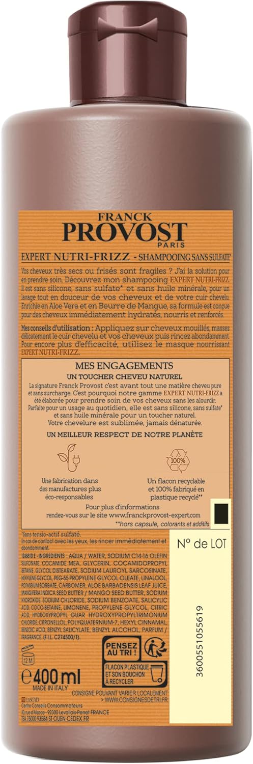 Franck Provost EXPERT NUTRI-FRIZZ Shampoing professionnel sans sulfate pour cheveux secs ou frisés - Image 2