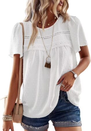 71camxisIyL._AC_SL1500_.jpg Femme Chemisier Boho Blouse Manches Courtes Col Rond Tunique Dentelle T-Shirt Fluide Tops Chemise Chic et Élégant