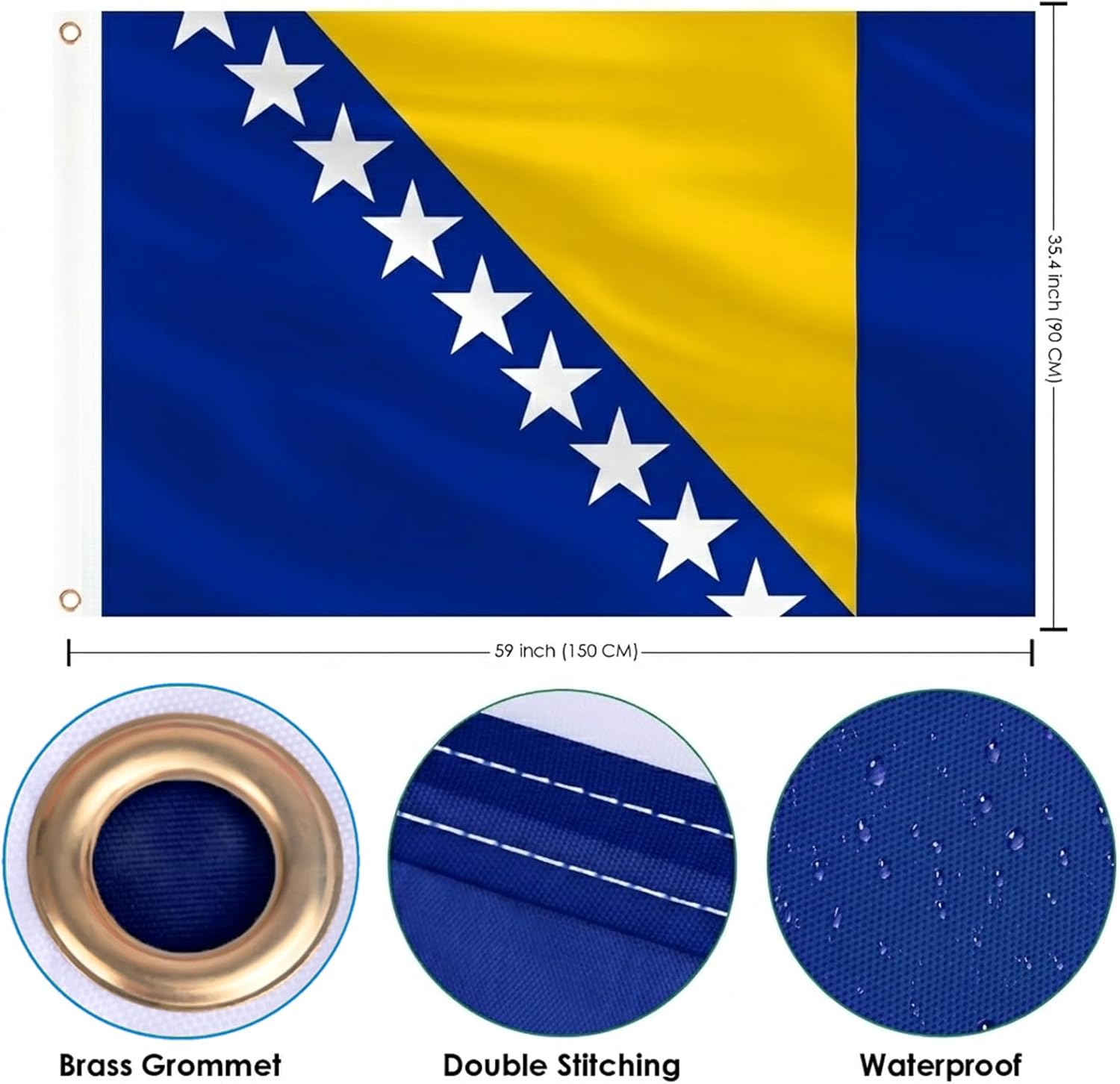 AhfuLife Grand Drapeau Bosnie-Herzégovine 90×150cm – 1 Drapeau Bosnie-Herzégovine Double Face avec Œillets en Laiton, Polyester pour Coupe du Monde de Football 2026, Fête Nationale - Image 2