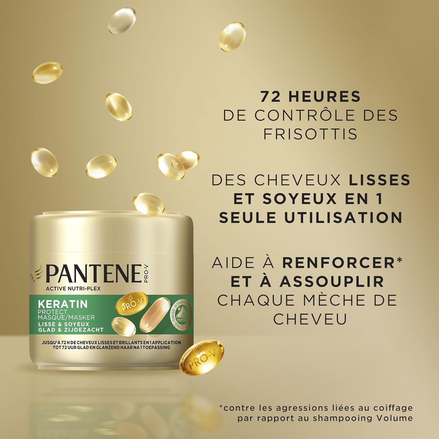 Pantene Pro-V Lisse & Soyeux Masque Keratin Protect 300ml Pour Cheveux Frisés Secs. 72h cheveux lisses brillants. Formule Pro-V et technologie Active Nutri-Plex se réfère aux ingrédients - Image 3