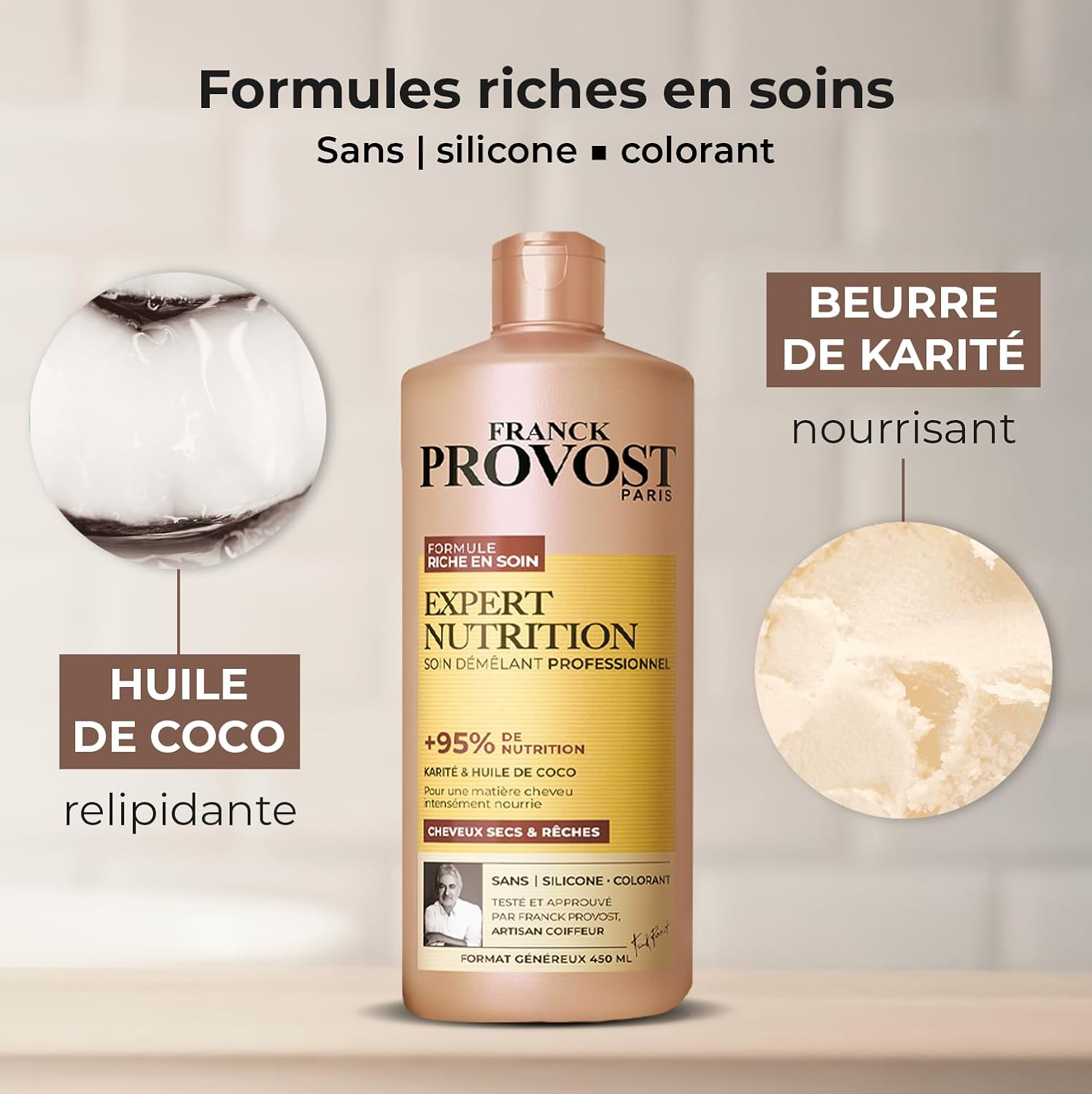 FRANCK PROVOST Expert Nutrition - Soin Démêlant Professionnel - Formule Riche En Soin - Karité & Huile De Coco - Sans Silicone & Sans Colorant - Cheveux Secs & Rêches - Format Généreux 450 ml - Image 3