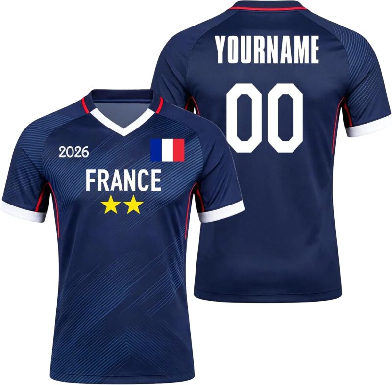 Maillot France 2026 Maillot de Foot Enfant Personnalisé avec Nom et Numéro T-Shirt de Football pour Homme Garçon Adulte, Confortable Respirant, Cadeaux de Football Personnalisés