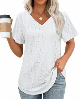 71yCdubg9aL._AC_SL1500_.jpg SENBATU SEBATU T-Shirt pour Femme col V Manches Courtes Coupe Ample Broderie œillet Style décontracté d'été