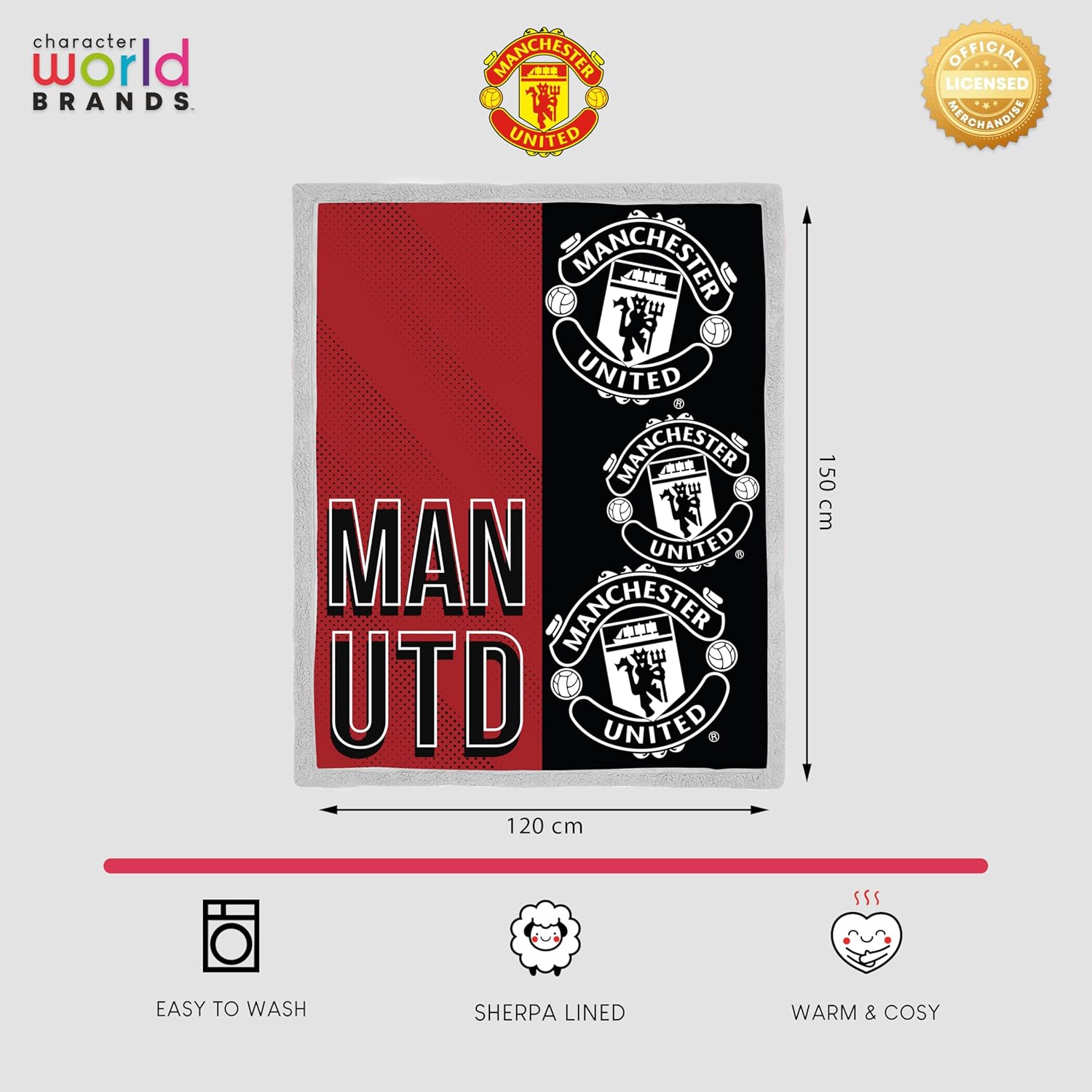 Couverture Polaire Officielle Manchester United FC | Plaid Super Doux et Chaud avec Revers Sherpa, Design empilé | Parfait pour la Maison, la Chambre, Les soirées Pyjama et Le Camping - Image 3