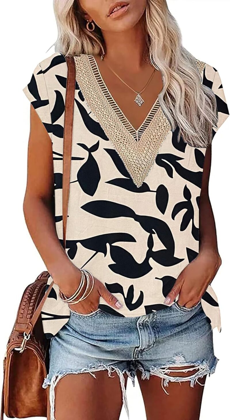 PLOKNRD T-Shirt D'été à Manches Courtes pour Femme Col en V et Élégant Décolleté Dentelle Été Top Lâche Classique