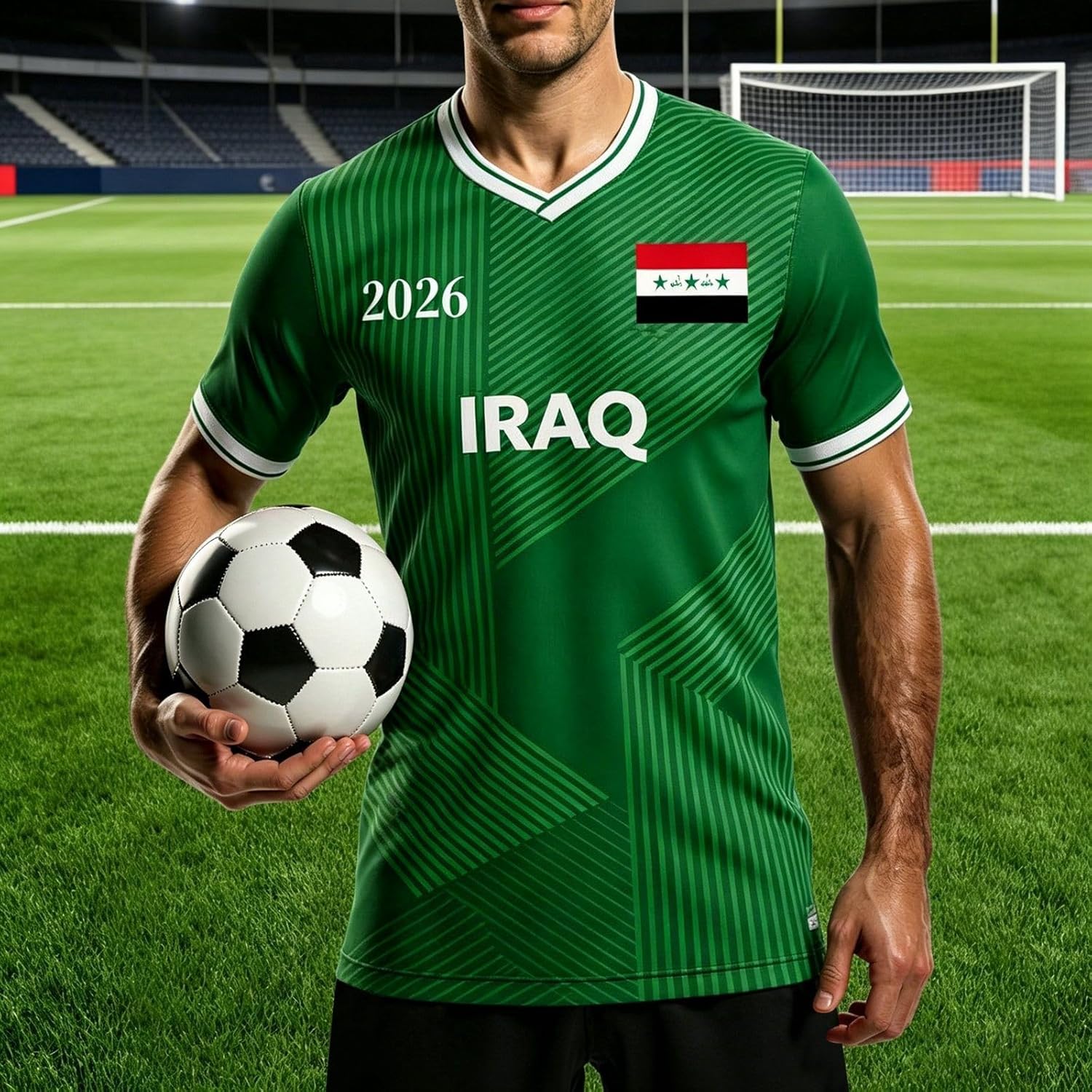 Maillot de Foot Irak 2026 Tee Shirt Homme Sport Imprimé Fine Rayures et Drapeau T-Shirts à Manches Courtes Homme Col V Tshirt Oversize Haut de Fan Respirant pour Supporter de Football Match, Quotidien - Image 2