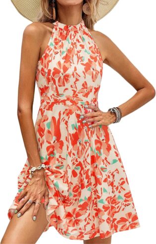 81YbSsC5l0L._AC_SL1500_.jpg OUGES Robe D'éTé Ladies Knee Length Halterneck Dress Summer Floral Pattern Elegant Cocktail Dress