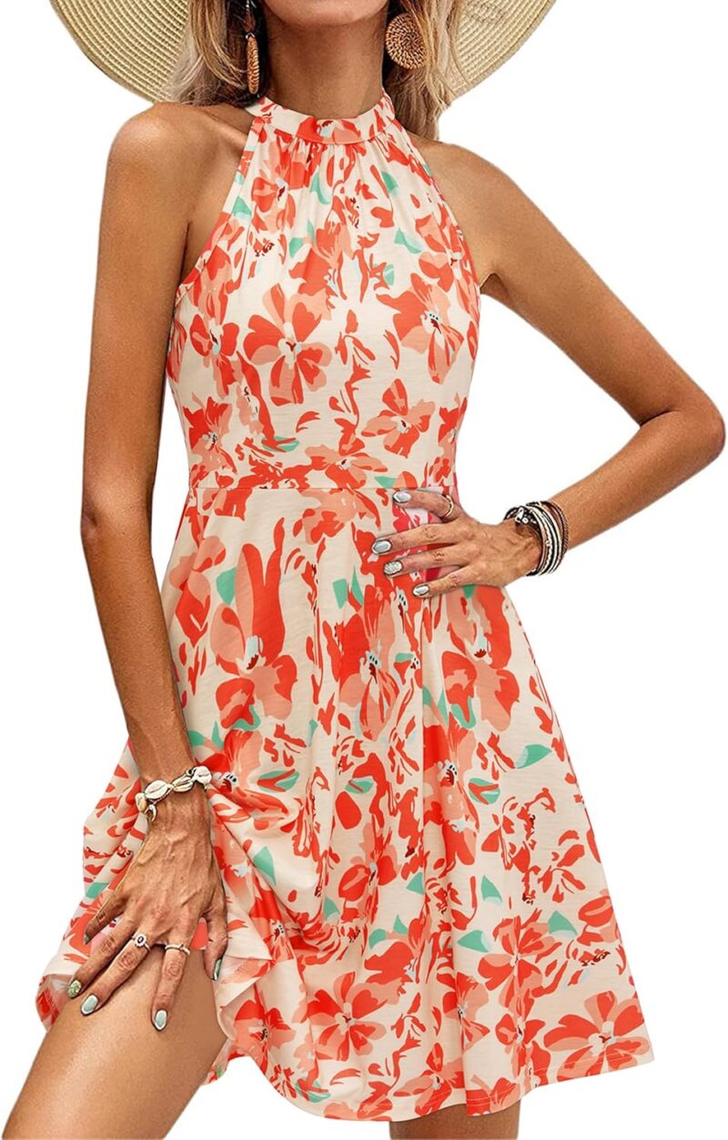 OUGES Robe D'éTé Ladies Knee Length Halterneck Dress Summer Floral Pattern Elegant Cocktail Dress