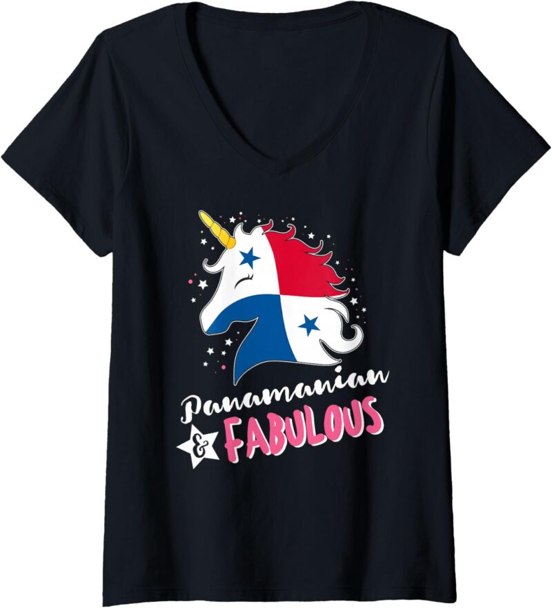 Femme Licorne Panaméenne Drapeau Panama T-Shirt avec Col en V
