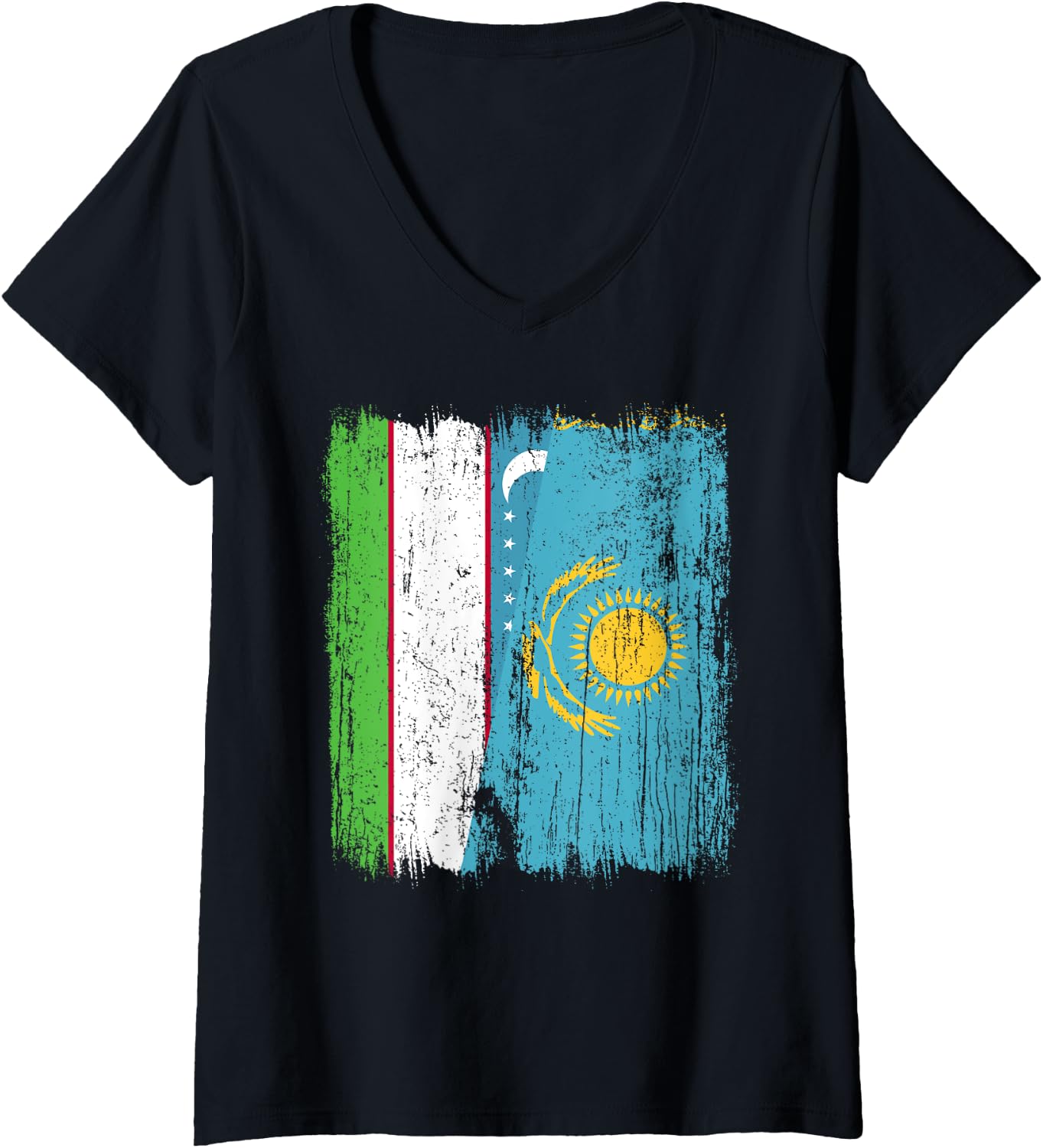Femme Maillot Ouzbékistan Kazakhstan Demi drapeau ouzbek kazakh T-Shirt avec Col en V