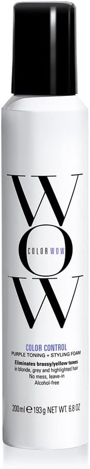 COLOR WOW Contrôle de la couleur + mousse tonifiante pour cheveux blonds – Élimine l'orange et le laiton ; pas de taches ; sans alcool ; mousse tonifiante teintée violette éclaircit les cheveux en une