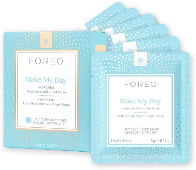 FOREO Masque Actif UFO Make My Day pour peau sèche et déshydratée, pack de 7, hydratant et anti-pollution, acide hyaluronique et algues rouges, cruelty free, compatible avec tous les appareils UFO