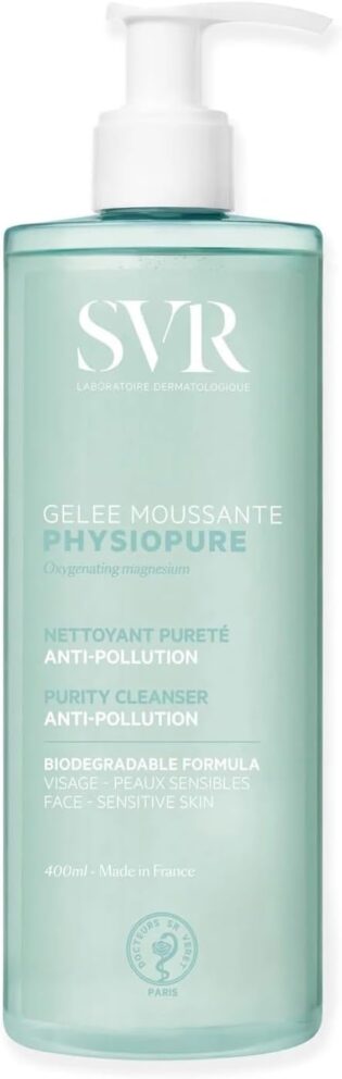 SVR - Physiopure Gelée Moussante - Gamme Physiopure – Nettoyant pureté anti-pollution – Pour tous types de peaux, même sensibles – Magnésium oxygénant, tensioactifs doux – 400 ml
