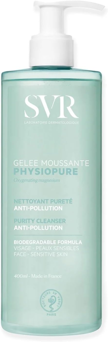 SVR - Physiopure Gelée Moussante - Gamme Physiopure – Nettoyant pureté anti-pollution – Pour tous types de peaux, même sensibles – Magnésium oxygénant, tensioactifs doux – 400 ml