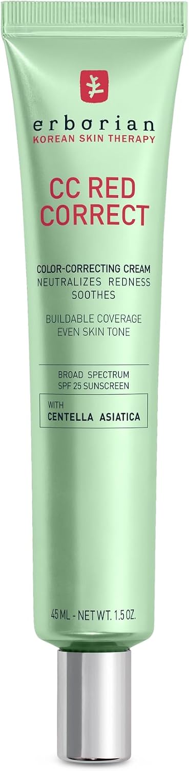Erborian CC Red Color Correcting SPF 25 Green Pigment Cream, Neutralizes Redness, Calms Skin, Lightweight, Tone‑Perfecting Primer, Korean Skincare