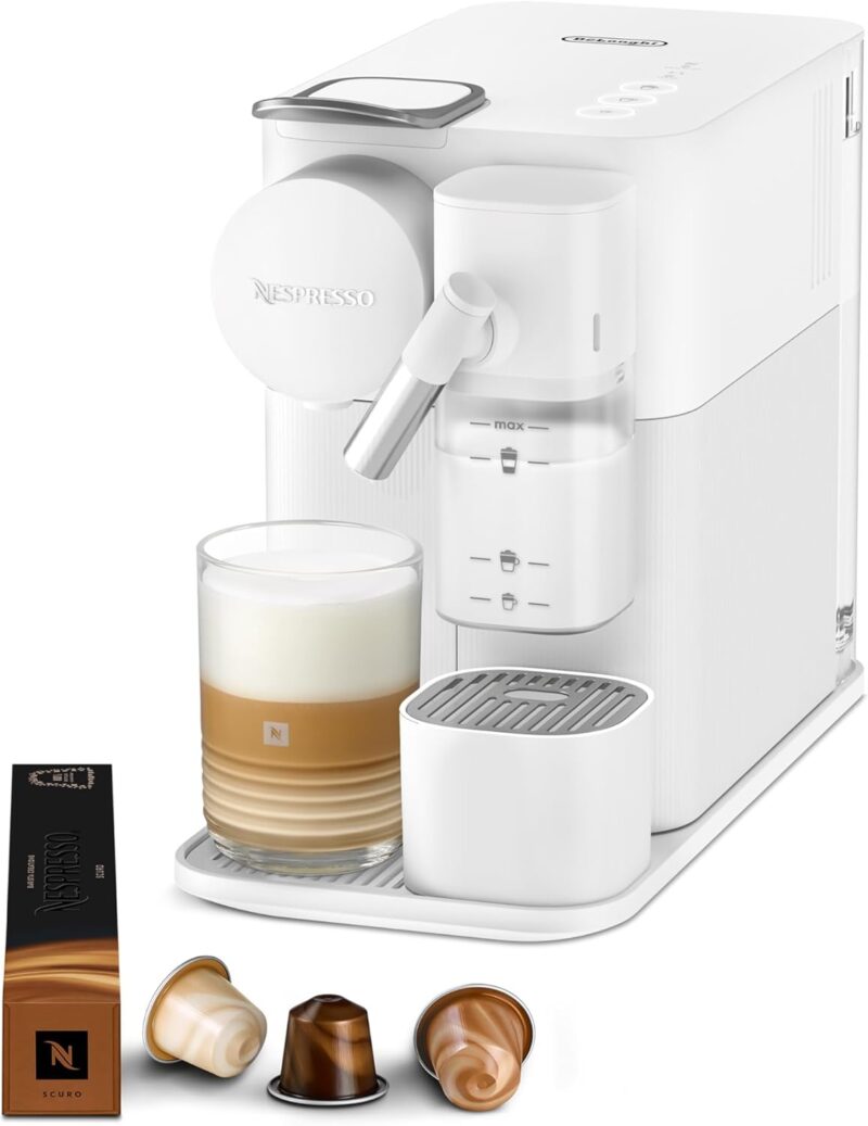 Nespresso De'Longhi Machine à café Lattissima One Blanche, 19 Bars + Kit de Bienvenue, Design Compact, Expresso, Lungo et Recettes Lactées, Arrêt Automatique, EN510.W