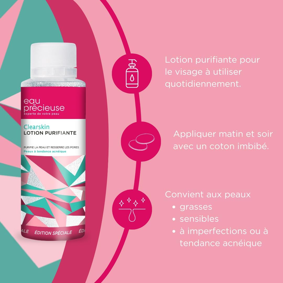Eau Précieuse - Lotion Purifiante Clearskin Edition Spéciale - Soin pour les peaux à tendance acnéique - Triple action : purifie la peau - resserre les pores - élimine l'excès de sébum - 375 mL - Image 4