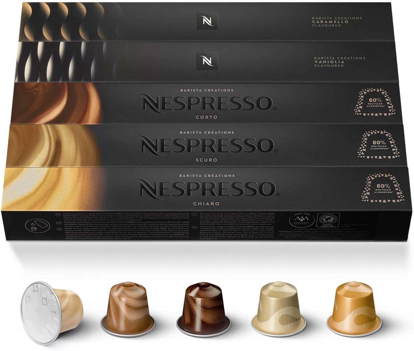 Nespresso Original - Bundle Barista Creations 50 Capsules - 10x Chiaro, 10x Scuro, 10x Corto, 10x Vaniglia, 10x Caramello