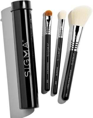 Sigma Beauty Travel Essential Trio – Lot de 3 pinceaux de maquillage pour fond de teint, poudre, fard à paupières, avec support en étain, sans danger pour la peau, pinceaux de maquillage végétaliens