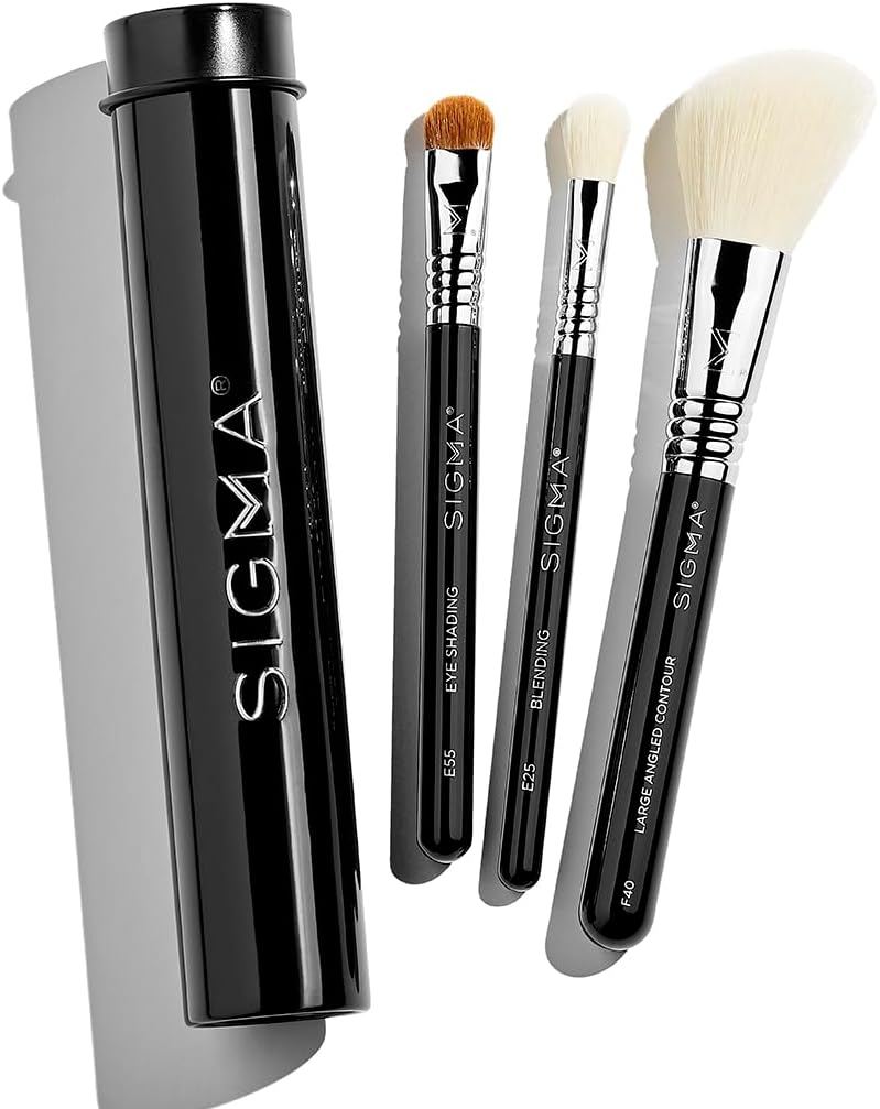 Sigma Beauty Travel Essential Trio – Lot de 3 pinceaux de maquillage pour fond de teint, poudre, fard à paupières, avec support en étain, sans danger pour la peau, pinceaux de maquillage végétaliens