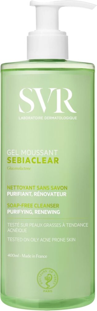 SVR - Sebiaclear Gel Moussant - Nettoyant purifiant anti-imperfections - Pour peaux mixtes à grasses, sensibles et à tendance acnéique - Gluconolactone4%, acide salicylique 0,5% - 400 ml
