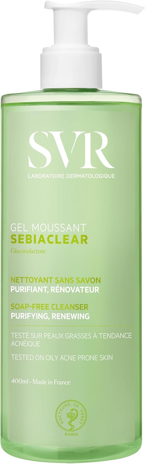 SVR - Sebiaclear Gel Moussant - Nettoyant purifiant anti-imperfections - Pour peaux mixtes à grasses, sensibles et à tendance acnéique - Gluconolactone4%, acide salicylique 0,5% - 400 ml