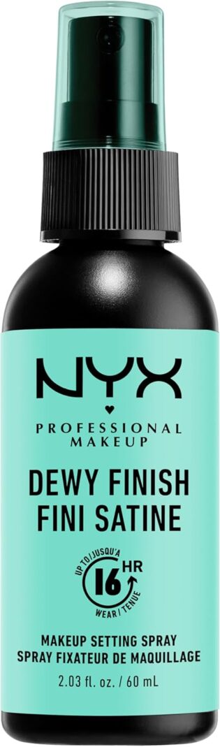 NYX Professional Makeup Spray Fixateur Setting Spray Dewy Finish, Spray de Finition, Tenue Longue Durée, Fini Satiné, Formule Vegan, Modèle : Dewy | Fini velouté satiné, Formule vegan translucide, Toutes carnations types peaux, Prévient oxydation cou