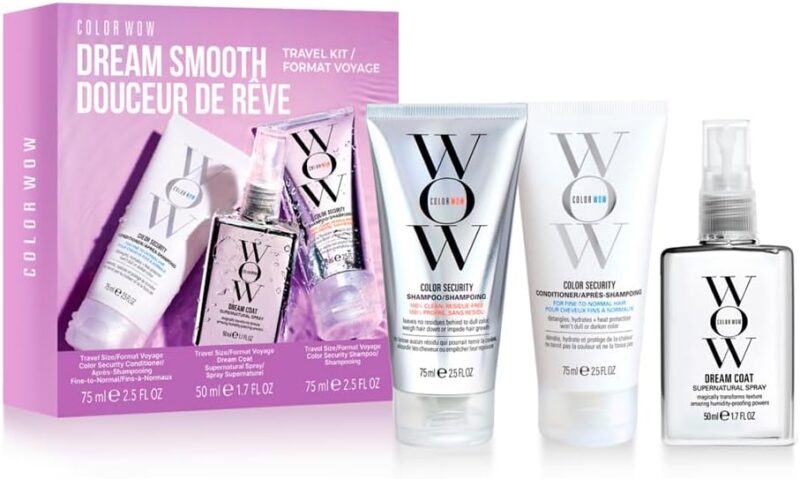 COLOR WOW - Routine Cheveux Secs & Colorés - Style Glass Hair - Shampoing Sans Sulfates (75 ml) + Après-Shampoing Hydratant (75 ml) + Spray Anti-Frisottis (50 ml) - Coffret Découverte Dream Smooth