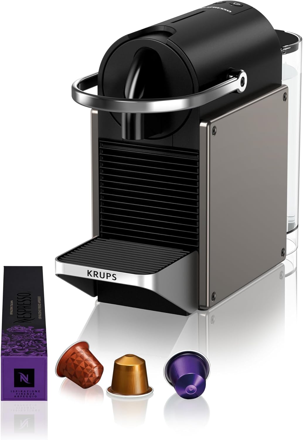 Nespresso Krups Machine à Café Pixie Titane, 19 Bars + Kit de Bienvenue, Design Compact, Expresso et Lungo, Arrêt Automatique, YY5290FD
