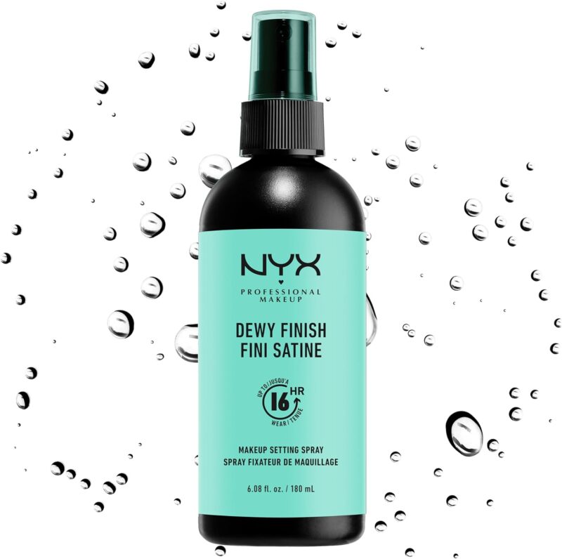 NYX Professional Makeup Spray Fixateur Setting Spray Dewy Finish, Spray de Finition, Tenue Longue Durée, Fini Satiné, Formule Vegan, Format Maxi 180ml, Modèle : Dewy | Fini satiné velouté, Formule vegan respirante, Prévient oxydation couleur, Format