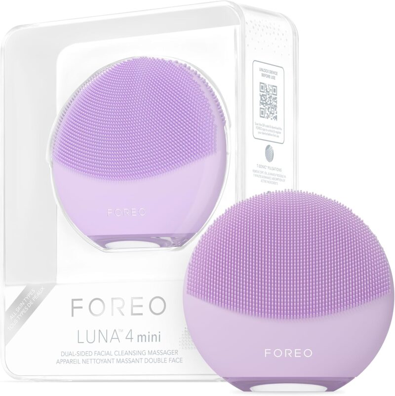 FOREO LUNA 4 mini brosse nettoyante et massante visage - Brosse premium - Améliore l'absorption des soins - Accessoires de voyage pour les soins du visage - Pour tous les types de peau - Lavender